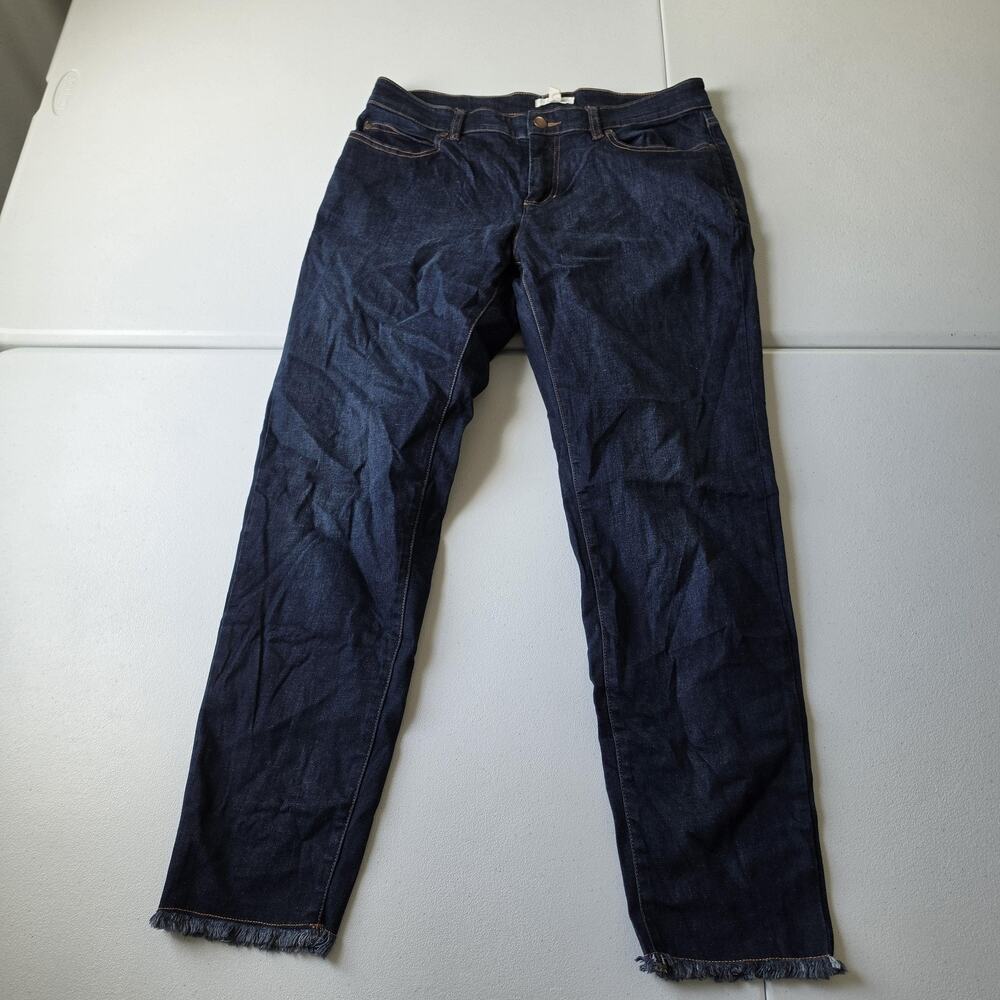 Eileen Fisher Ankle Jeans Womens 10 Blue Dark Wash High Rise Slim Fringe 32x28.5